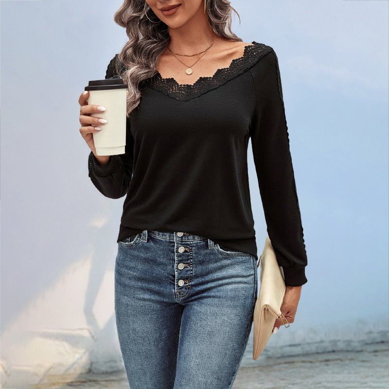 LOVEVOP foreign trade long-sleeved top Hot autumn new 2025 cross-border women's v-neck lace splicing bottoming shirt