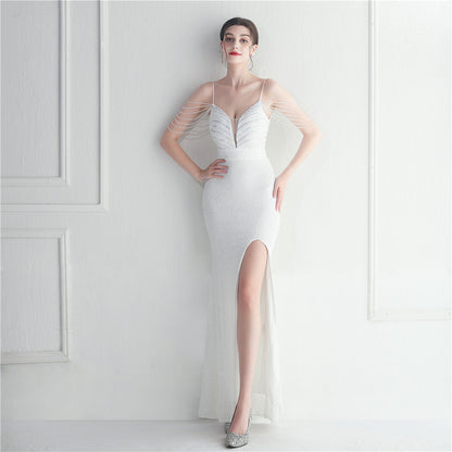 19939 #spot Popular trade fashion red carpet formal settings bead chain suspender long evening dress