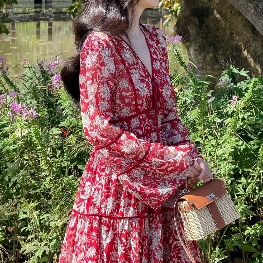 2025 Ethnic style red printed dress  niche waist a-shaped long skirt