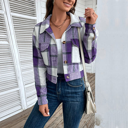 LOVEVOP women's clothing New3 autumn and winter 2025  trade short plaid cardigan shirt retro jacket jacket