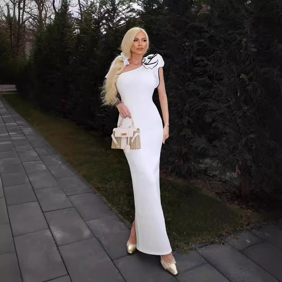 LOVEVOP popular New  White Dress One Shoulder Flower Ribbed Knitted Women's Long Dress Bandage Bottom Dress