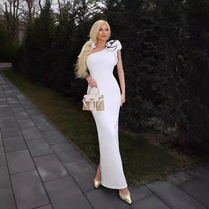 LOVEVOP popular New  White Dress One Shoulder Flower Ribbed Knitted Women's Long Dress Bandage Bottom Dress