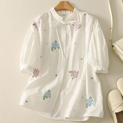 summer new literary and retro heavy industry embroidered flower short-sleeved shirt versatile lace collar lace-up shirt