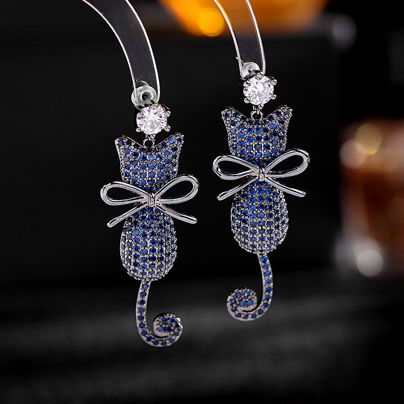 2025 Korean color zircon earrings women's wholesale 925 silver needle personalized animal earrings cute bow cat earrings