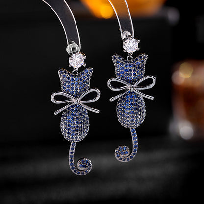 2025 Korean color zircon earrings women's wholesale 925 silver needle personalized animal earrings cute bow cat earrings