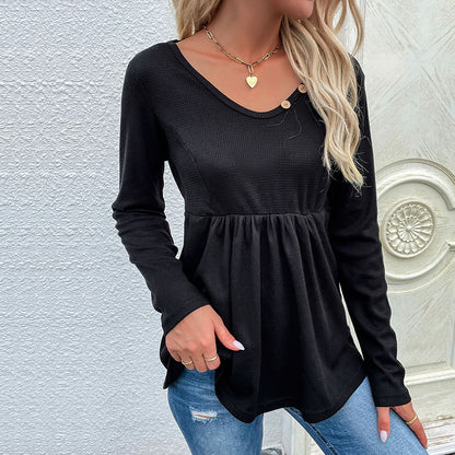 LOVEVOP Popular trade New new products autumn Middle East women's black v-neck button-pulled pleated bottomed knitted jumper