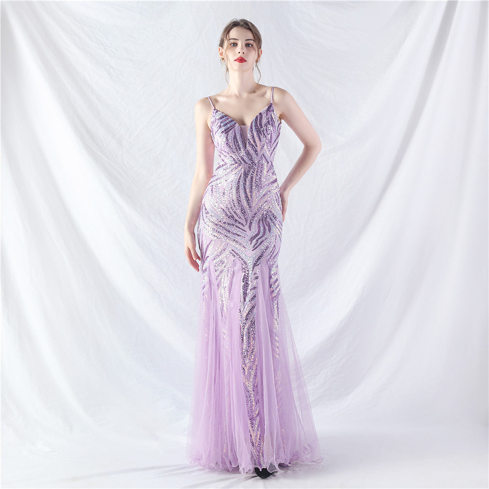 31903 #Hot trade new product laminated bead splicing mesh suspender evening dress