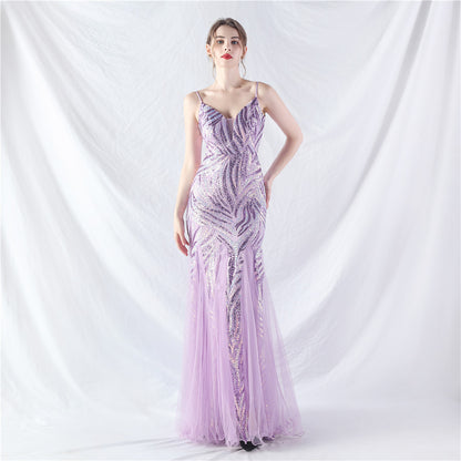31903 #Hot trade new product laminated bead splicing mesh suspender evening dress