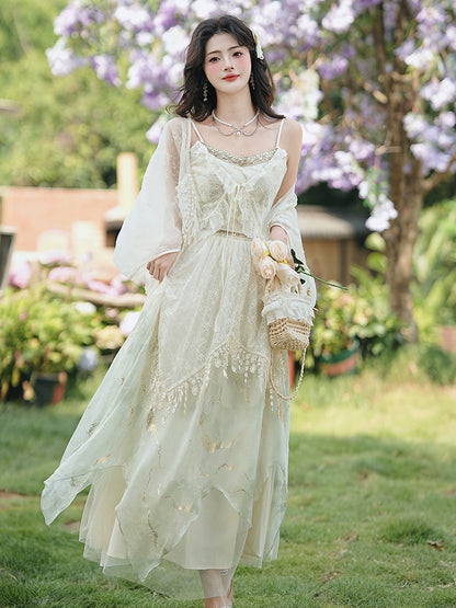 2025 Huge beautiful summer dress exotic style wear seaside vacation  lace embroidered suspender skirt set