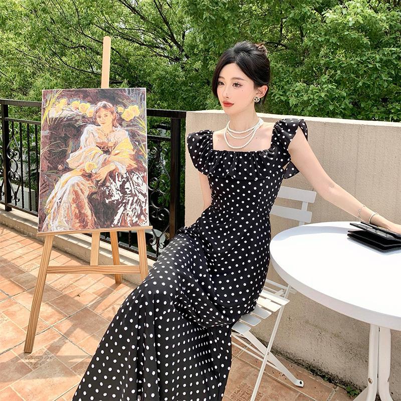 2025 Hepburn retro polka dot square neck dress one-word shoulder ruffle edge waist thin holiday dress and ankle skirt