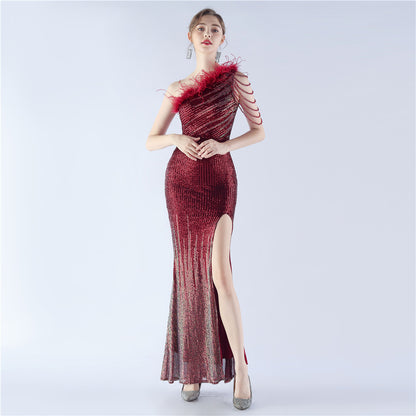31321 #new product popular gradual change bead process beading ostrich hair oblique collar shoulder long evening dress