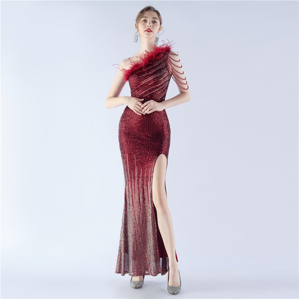 31321 #new product popular gradual change bead process beading ostrich hair oblique collar shoulder long evening dress