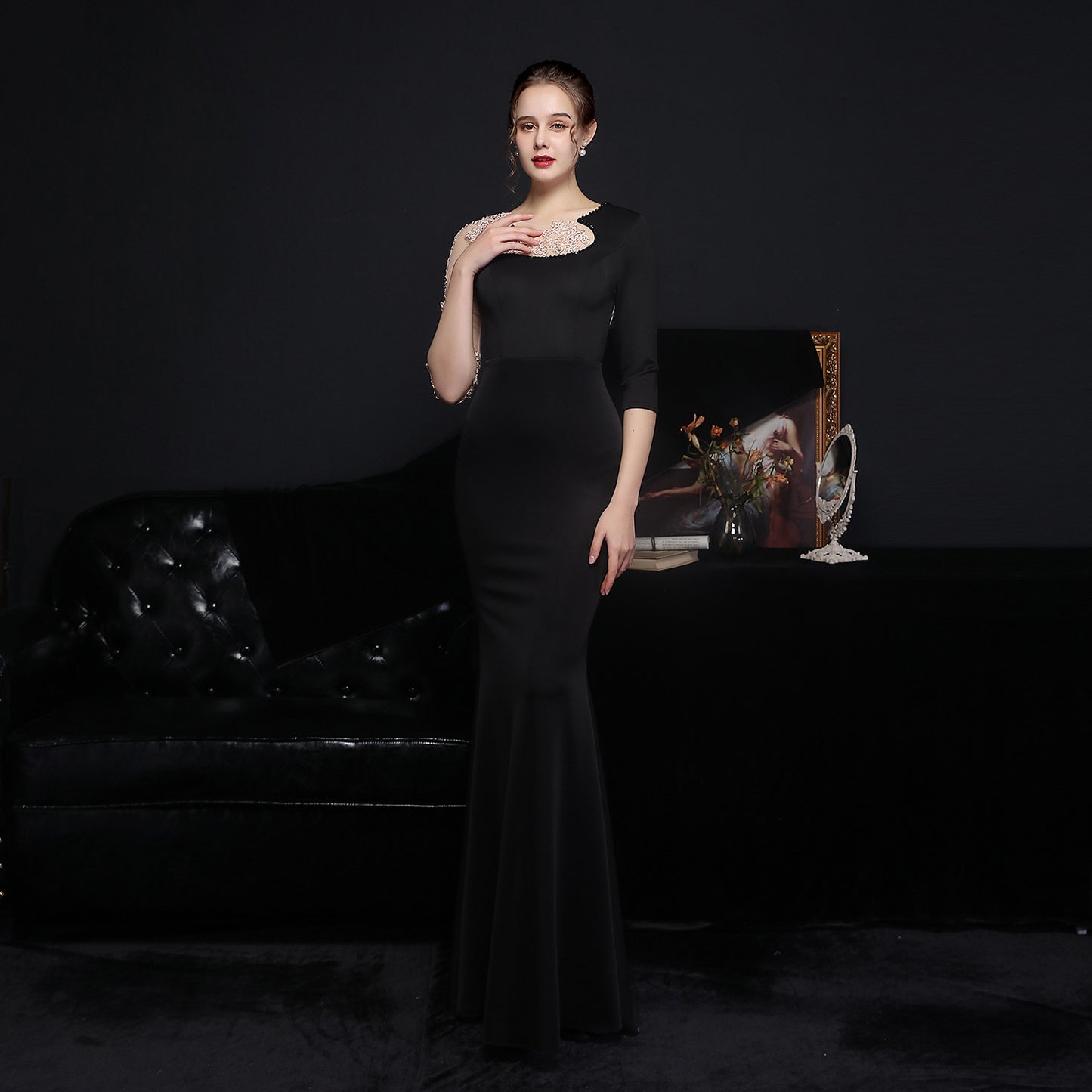18586 #Full-craft lace ironing Popularan diamond toast dress bride long-sleeved thank you banquet fish tail evening dress
