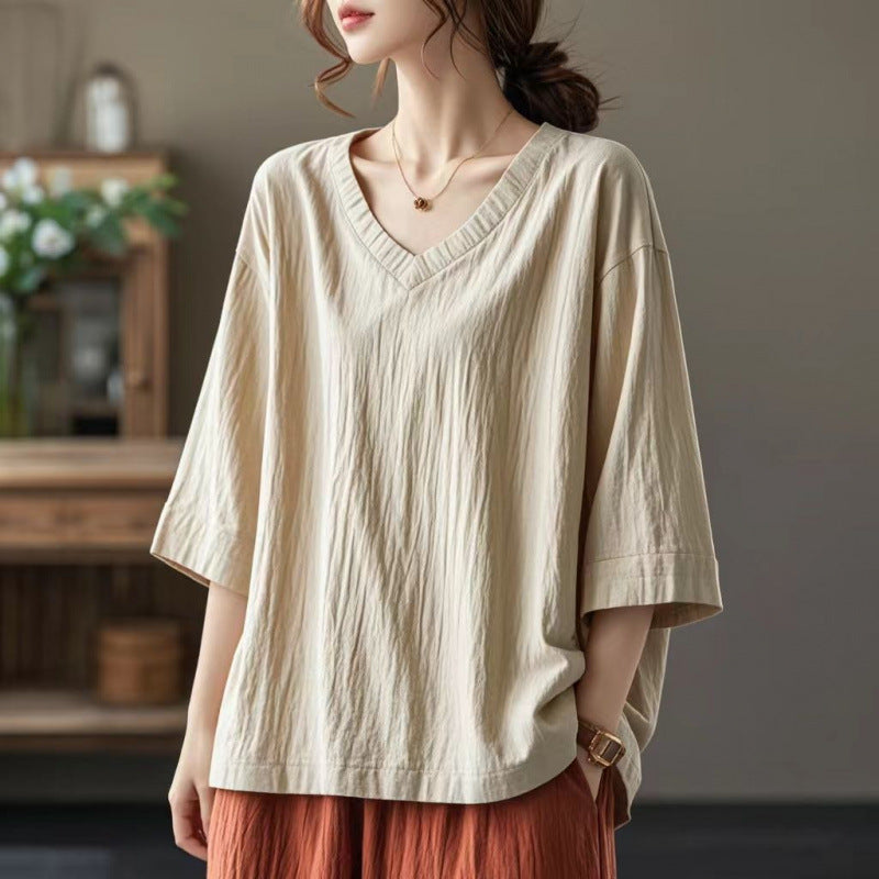 summer new loose and versatile large size seven-quarter sleeve temperament V-neck T-shirt fat mm literary top bottoming shirt women