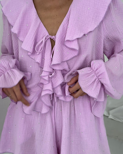 Popular, , summer  hot diamond purple new fashion two-piece set ruffle edge long-sleeved shorts women's outerwear