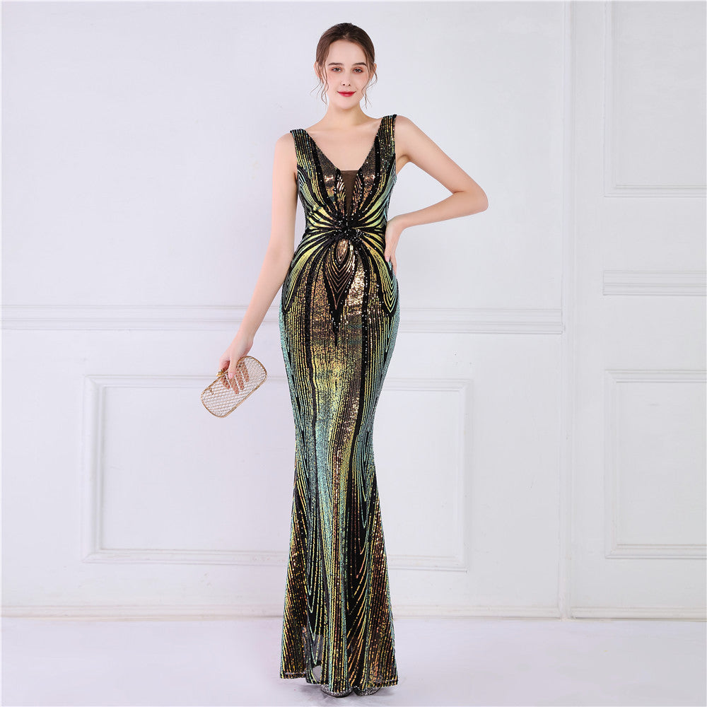19025 #Positioning flower bead banquet elegant long sleeveless sequin aura queen fishtail skirt slim fishtail skirt