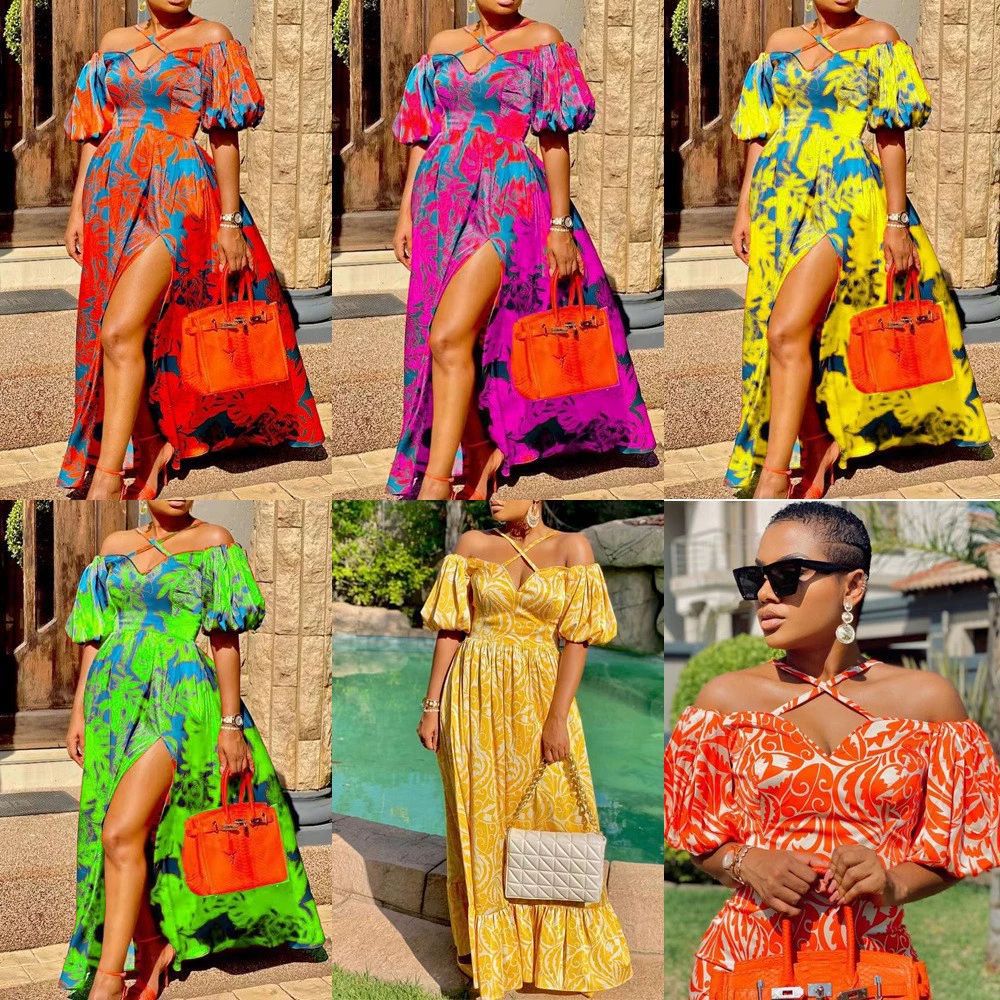 2025 New new spring and summer  2025 women's clothing dress printed open-ended tube top hanging neck V-neck long dress