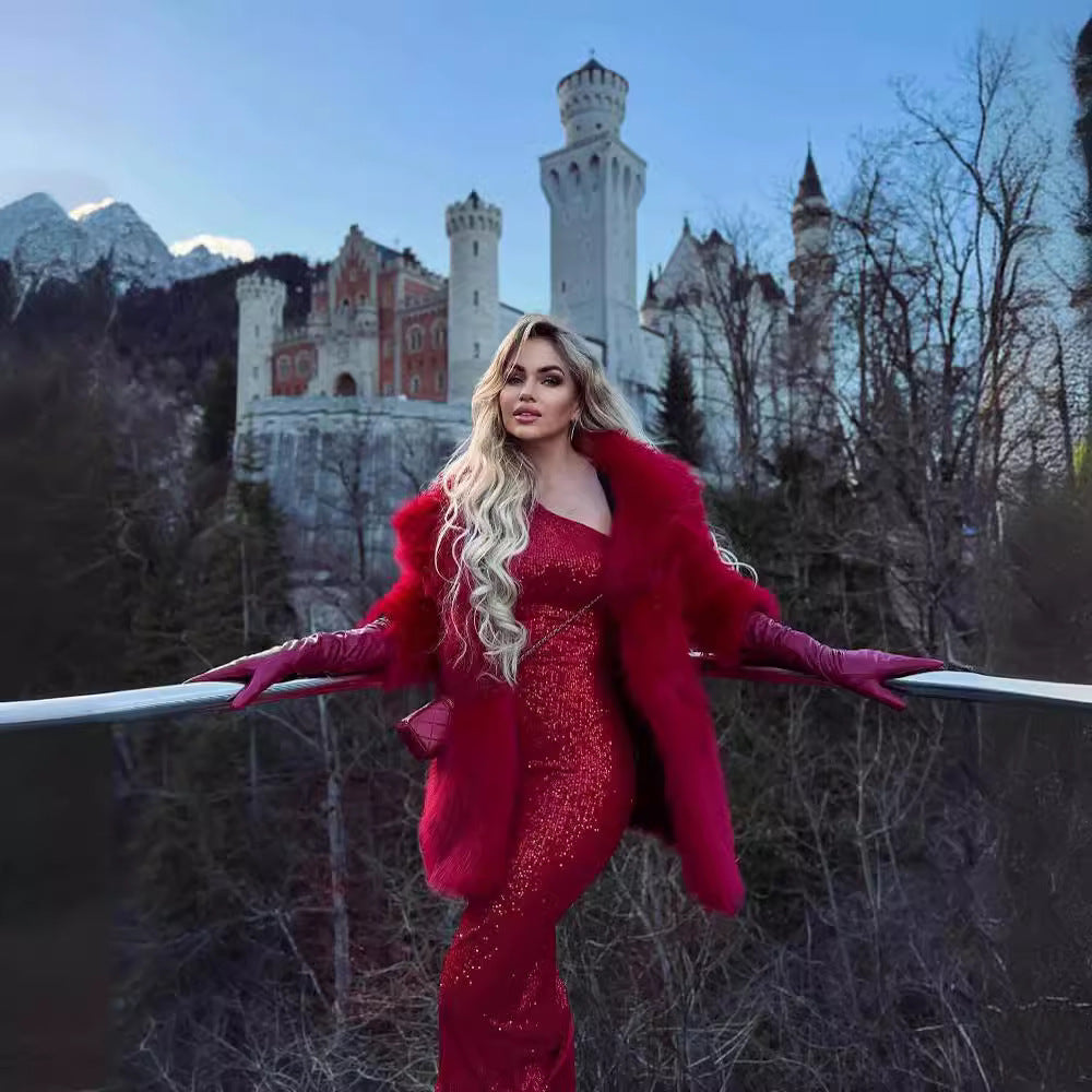 LOVEVOP New red flower shoulder bead dress long   Christmas women's long-sleeved dress autumn and winter