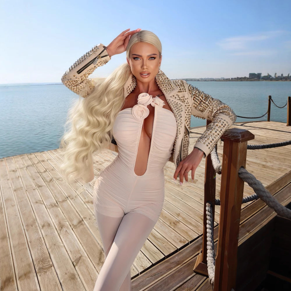 LOVEVOP popular autumn new   tube top mesh jumpsuit trousers slim dress women's wholesale red