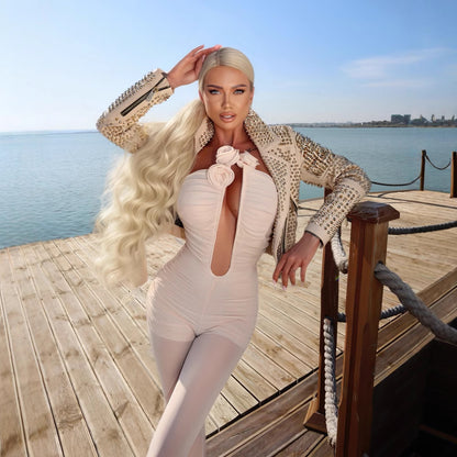 LOVEVOP popular autumn new   tube top mesh jumpsuit trousers slim dress women's wholesale red