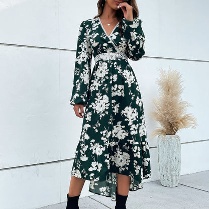 LOVEVOP 2025 fashion women's clothing Hot new splicing lace skirt long sleeve printing irregular dress