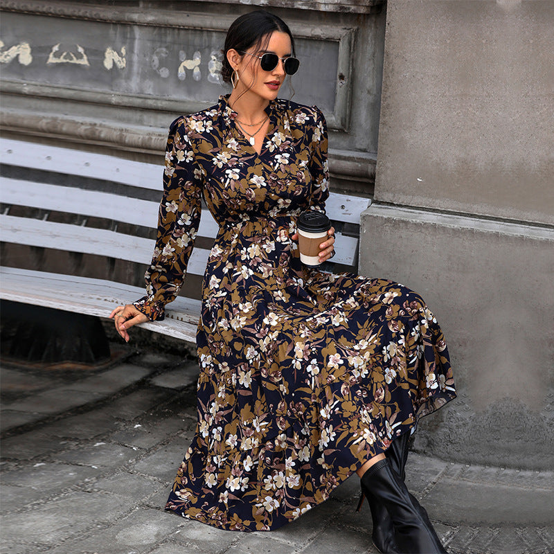 LOVEVOP 2025 cross-border Hot autumn floral temperament commuter dress retro printed women's dress V-neck fashion dress