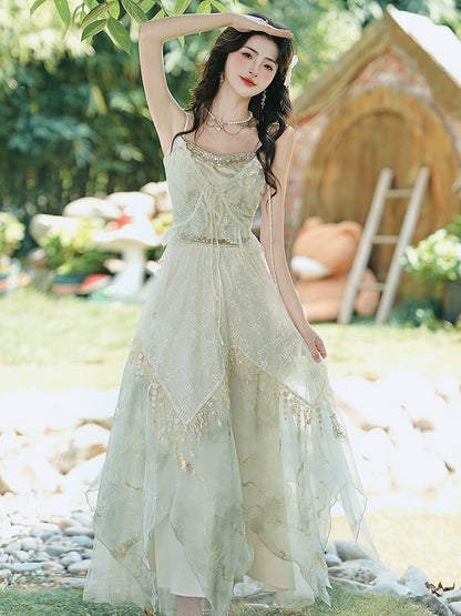 2025 Huge beautiful summer dress exotic style wear seaside vacation  lace embroidered suspender skirt set