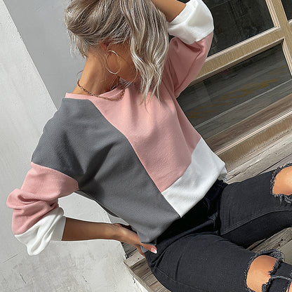 LOVEVOP New women's clothing popular new 2025 splicing knitted top long-sleeved color matching knitted waffle sweater