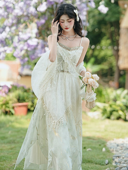 2025 Huge beautiful summer dress exotic style wear seaside vacation  lace embroidered suspender skirt set