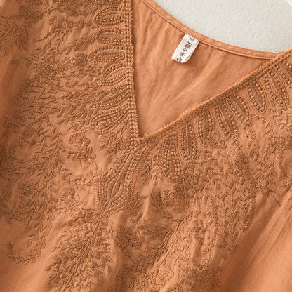 summer new loose and thin temperament V-neck ramie T-shirt women's literary and artistic solid color embroidered cotton and linen top women