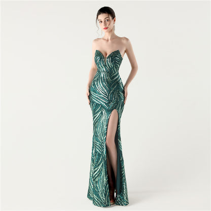 33257 #2025 New Craft Beaded Sequins Chest Wrap Slim Waist Design Dinner Party Evening Dress