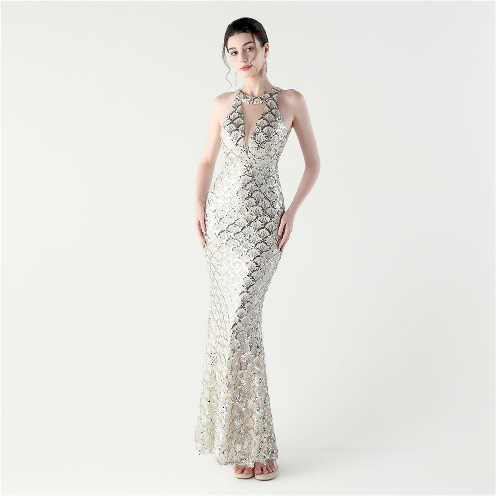 33133 #2025 new sequined mesh slim hip wrap sexy off-the-shoulder women's evening dress dinner party dress