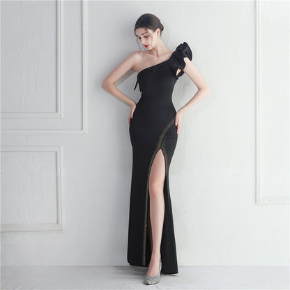 19721 #Cross-border spot single shoulder diagonal collar ruffle edge decoration bridesmaid car model long evening dress