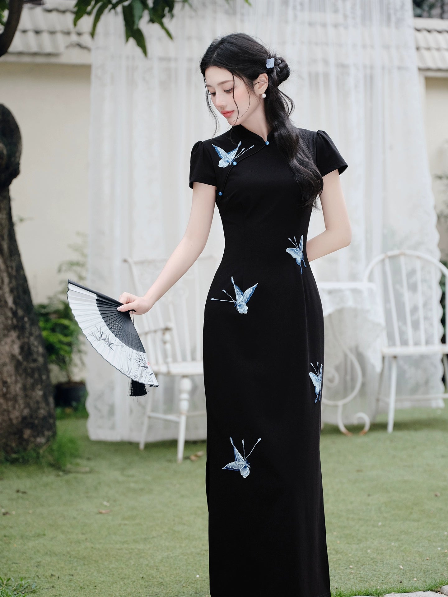 New Chinese style cold butterfly embroidered cheongsam black pinched waist dress children's summer hollow temperament hip-wrapped dress