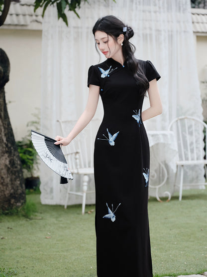 New Chinese style cold butterfly embroidered cheongsam black pinched waist dress children's summer hollow temperament hip-wrapped dress