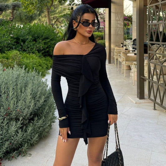 LOVEVOP 2025 style Hot cross-border new fashionable solid color pleated oblique collar slim-fitting hip-wrapped temperament small dress dress