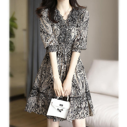 2025 High-end court print silk dress V-neck lace mulberry silk skirt black medium and long dress women's summer