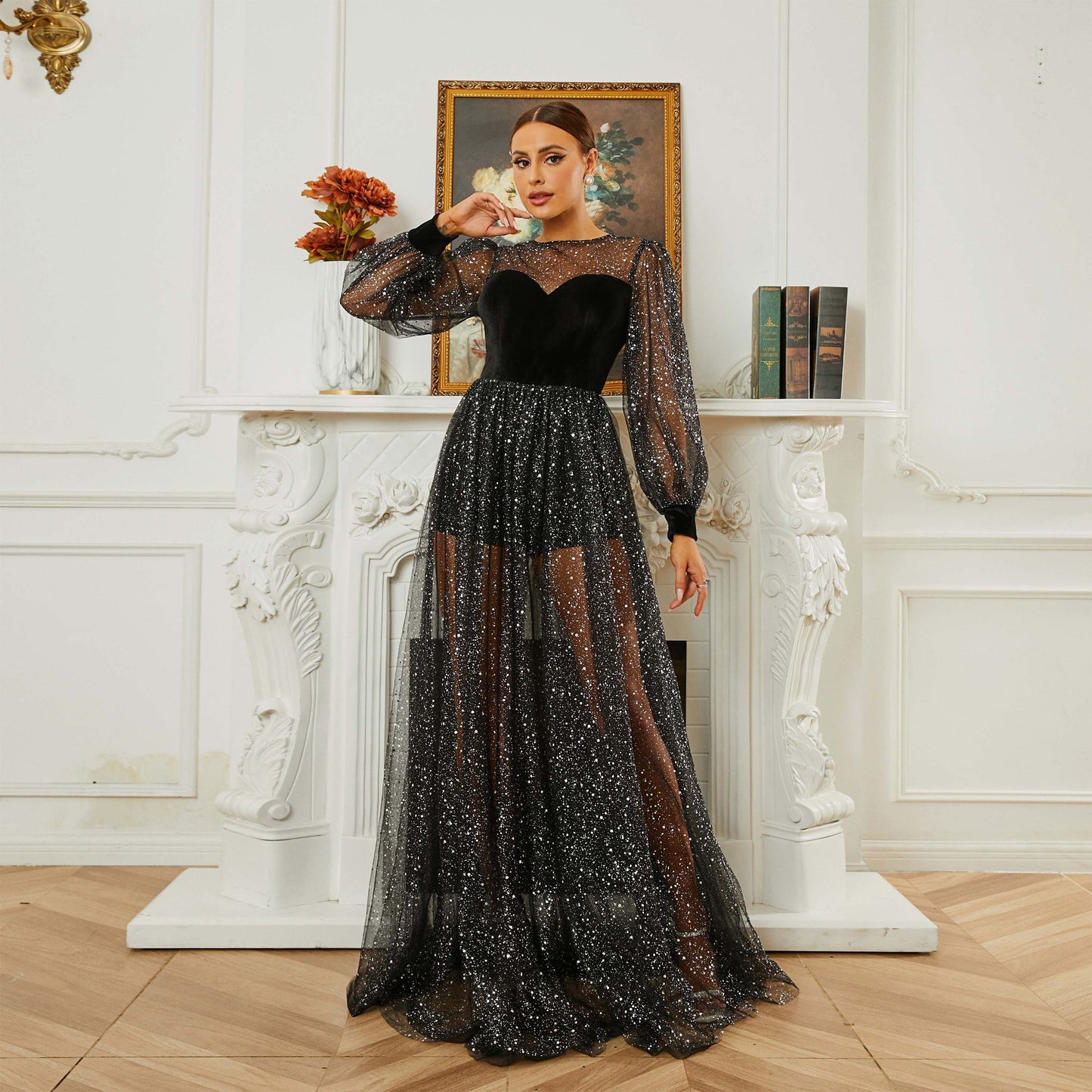 2025 new high-end long-sleeved crew neck banquet sequined mesh pendulum evening dress bridesmaid dress dress women