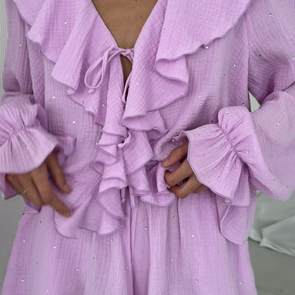 Popular, , summer  hot diamond purple new fashion two-piece set ruffle edge long-sleeved shorts women's outerwear