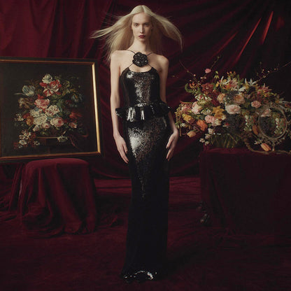 LOVEVOP  fashion charming long hip wrap  slim black bead dress new dress  new spring