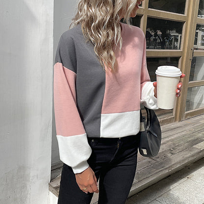 LOVEVOP New women's clothing popular new 2025 splicing knitted top long-sleeved color matching knitted waffle sweater