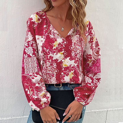 LOVEVOP Cross-border  Hot autumn casual printed shirt fashion 2025 foreign trade lace-up bubble sleeve shirt women