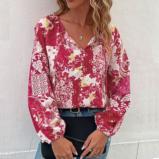 LOVEVOP Cross-border  Hot autumn casual printed shirt fashion 2025 foreign trade lace-up bubble sleeve shirt women