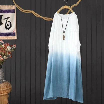 Five-quarter sleeve ramie dress  summer new gradual change design large size cotton and linen loose dress