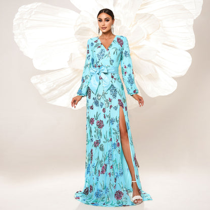 2025 high-end temperament sexy long sequined long-sleeved V-neck banquet evening dress bridesmaid dress women