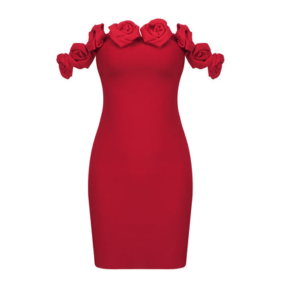 LOVEVOP New new red one-word shoulder flower hip skirt summer  women's tight elastic dress