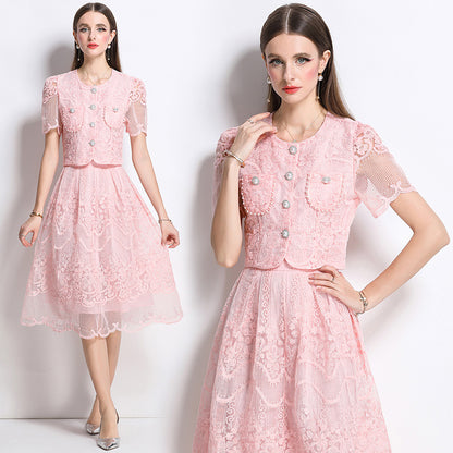 temperament socialite heavy industry crochet embroidery pearl buckle bubble sleeve top high waist pleated skirt two-piece set