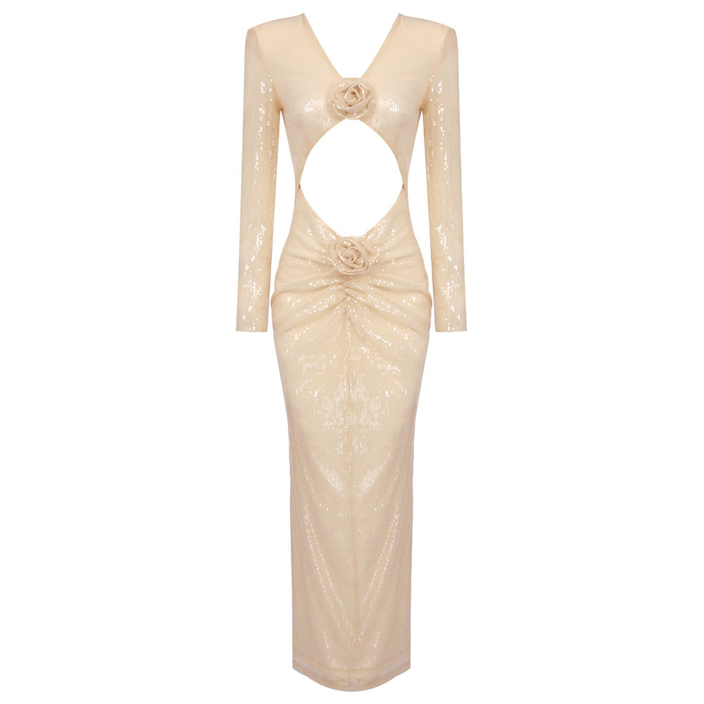 LOVEVOP New popular  women's clothing long-sleeved three-dimensional flower apricot bead long dress elastic skirt early autumn dress