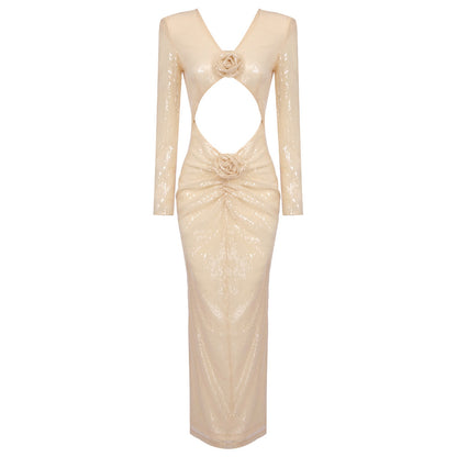 LOVEVOP New popular  women's clothing long-sleeved three-dimensional flower apricot bead long dress elastic skirt early autumn dress