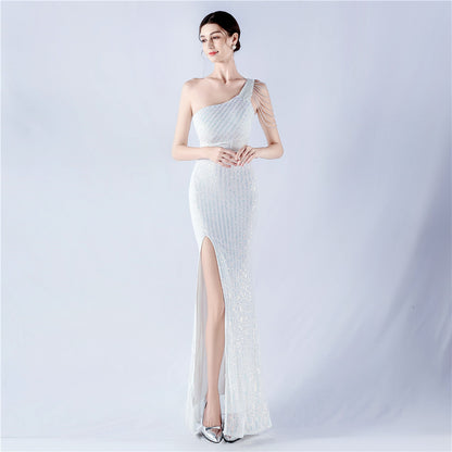 33010 #Popular trade dress heavy industry beaded single shoulder oblique collar high fork sequined dinner dress